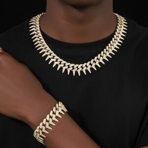 New Fishbone Spiked Cuban Chain Necklace Bracelet Set Gold Tone Cubic Zirconia